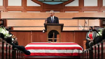 Former US President Barack Obama speaks during the funeral of late Representative and Civil Rights leader John Lewis(D-GA) at the State Capitol in Atlanta, Georgia on July 30, 2020. - Lewis, a 17-term Democratic member of the US House of Representatives from the southern state of Georgia, died of pancreatic cancer on July 17 at the age of 80. (Photo by Alyssa Pointer / POOL / AFP) (Photo by ALYSSA POINTER/POOL/AFP via Getty Images)