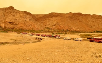 Firefighters arrive at the scene of the Water fire, a new start near the Whitewater Preserve Visitor's Center about 20 miles from the Apple fire in Whitewater, California on August 2, 2020. - More than 1,300 firefighters were battling a blaze that was burning out of control August 2 in southern California, threatening thousands of people and homes east of Los Angeles.
The so-called Apple Fire that broke out Friday near the city of San Bernardino has so far charred more than 20,000 acres (8,000 hectares), sending up columns of smoke visible from far away. (Photo by JOSH EDELSON / AFP) (Photo by JOSH EDELSON/AFP via Getty Images)