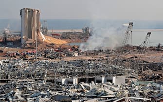 The aftermath of yesterday's blast is seen at the port of Lebanon's capital Beirut, on August 5, 2020. - Rescuers worked through the night after two enormous explosions ripped through Beirut's port, killing at least 78 people and injuring thousands, as they wrecked buildings across the Lebanese capital. (Photo by ANWAR AMRO / AFP) (Photo by ANWAR AMRO/AFP via Getty Images)