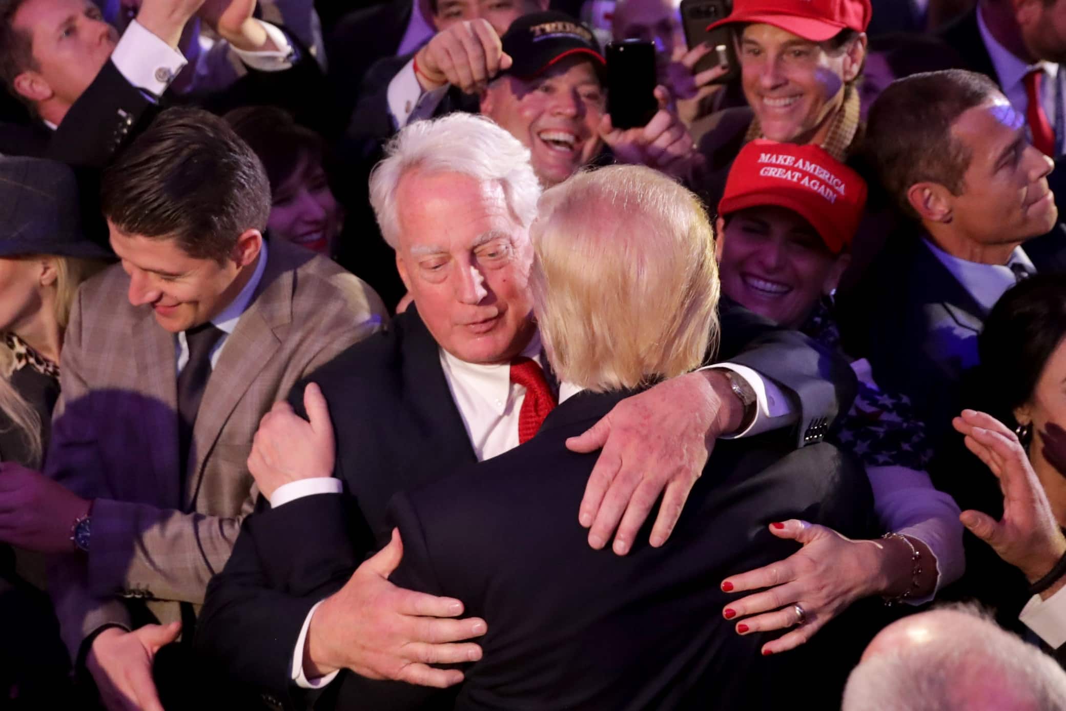 NEW YORK, NY - NOVEMBER 09:  Republican president-elect Donald Trump (R) hugs his brother Robert Trump after delivering his acceptance speech at the New York Hilton Midtown in the early morning hours of November 9, 2016 in New York City. Donald Trump defeated Democratic presidential nominee Hillary Clinton to become the 45th president of the United States.  (Photo by Chip Somodevilla/Getty Images)