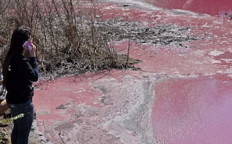 A woman stands on the shore of the Cerro Lake, formed from a meander of the Paraguay River, during a protest against a nearby tannery which allegedly throws chemical disposals into the lake causing its water to turn pinkish red, in Limpio, 25 km northeast of Asuncion, on August 22, 2020. - According to experts from the National University Multidisciplinary Lab, the colour of the water is due to the presence of heavy metals like iron, chromium, and zinc, among others, commonly used in the tanning process. (Photo by Norberto DUARTE / AFP) (Photo by NORBERTO DUARTE/AFP via Getty Images)