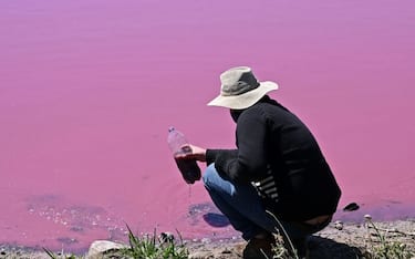 A local collects a sample of water from the Cerro Lake, formed from a meander of the Paraguay River, during a protest against a nearby tannery which allegedly throws chemical disposals into the lake causing its water to turn pinkish red, in Limpio, 25 km northeast of Asuncion, on August 22, 2020. - According to experts from the National University Multidisciplinary Lab, the colour of the water is due to the presence of heavy metals like iron, chromium, and zinc, among others, commonly used in the tanning process. (Photo by Norberto DUARTE / AFP) (Photo by NORBERTO DUARTE/AFP via Getty Images)