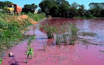 TOPSHOT - View of the Lago Cerro, coloured by alleged chemical disposals from a tannery located on its banks, in Limpio, 25 km northeast of Asuncion, Paraguay, on August 6, 2020. - According to experts from the National University Multidisciplinary Lab, the colour of the water is due to the presence of heavy metals like iron, chromium, and zinc, among others, commonly used in the tanning process. (Photo by NORBERTO DUARTE / AFP) (Photo by NORBERTO DUARTE/AFP via Getty Images)