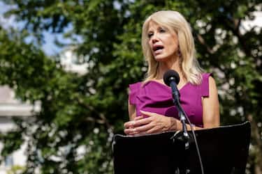 WASHINGTON, DC - AUGUST 06: Kellyanne Conway, counselor to President Donald Trump, speaks to reporters outside of the West Wing of the White House on August 6, 2020 in Washington, DC. (Photo by Samuel Corum/Getty Images)
