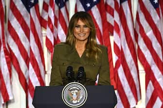 TOPSHOT - US First Lady Melania Trump addresses the Republican Convention during its second day from the Rose Garden of the White House August 25, 2020, in Washington, DC. (Photo by Brendan Smialowski / AFP) (Photo by BRENDAN SMIALOWSKI/AFP via Getty Images)