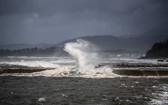High waves batter the coastline in Ichikikushikino, Kagoshima prefecture on September 7, 2020, after Typhoon Haishen passed through. - Powerful Typhoon Haishen approached South Korea on September 7 after slamming southern Japan with record winds and heavy rains that prompted evacuation warnings for millions. (Photo by CHARLY TRIBALLEAU / AFP) (Photo by CHARLY TRIBALLEAU/AFP via Getty Images)
