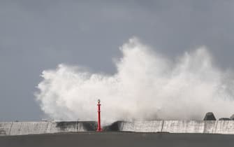 High waves batter the coastline in Ichikikushikino, Kagoshima prefecture on September 7, 2020, after Typhoon Haishen passed through. - Powerful Typhoon Haishen approached South Korea on September 7 after slamming southern Japan with record winds and heavy rains that prompted evacuation warnings for millions. (Photo by CHARLY TRIBALLEAU / AFP) (Photo by CHARLY TRIBALLEAU/AFP via Getty Images)