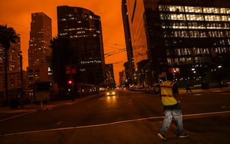 SAN FRANCISCO, CA - SEPTEMBER 09: An orange glow is seen over a darkened Howard Street as smoke from various wildfires burning across Northern California mixes with the marine layer on September 9, 2020 in San Francisco, California. Over 2 million acres have burned this year as wildfires continue to burn across the state. (Photo by Philip Pacheco/Getty Images)