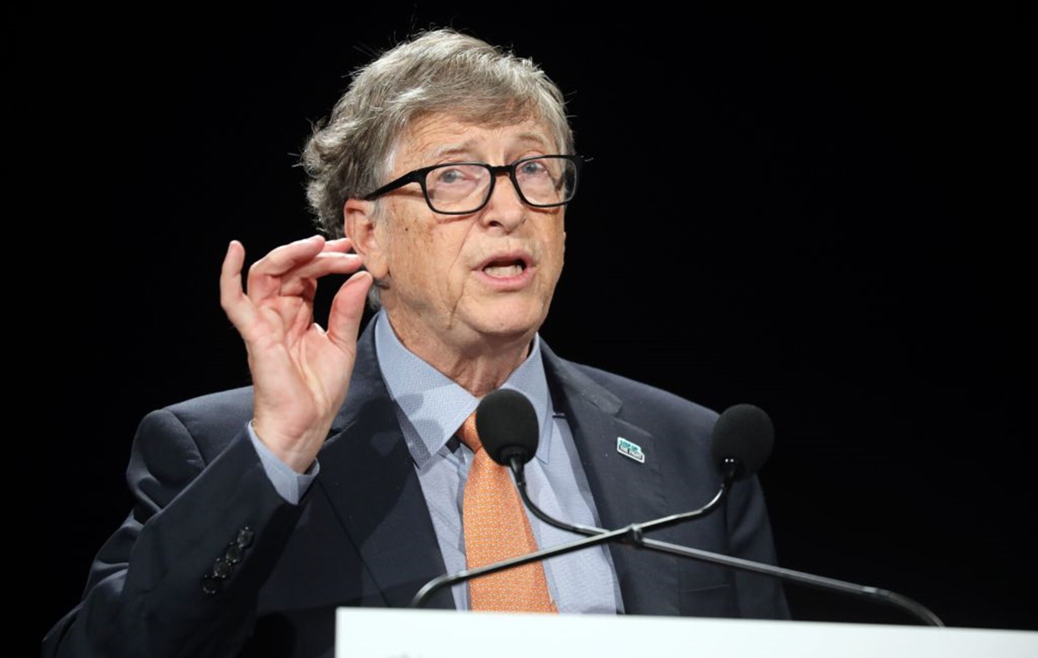 1174964181 Microsoft founder, Co-Chairman of the Bill & Melinda Gates Foundation, Bill Gates delivers a speech during the conference of Global Fund to Fight HIV, Tuberculosis and Malaria on october 10, 2019, in Lyon, central eastern France. - The Global Fund to Fight AIDS, Tuberculosis and Malaria opened a drive to raise $14 billion to fight a global epidemics but face an uphill battle in the face of donor fatigue. (Photo by Ludovic MARIN / AFP) (Photo by LUDOVIC MARIN/AFP via Getty Images)