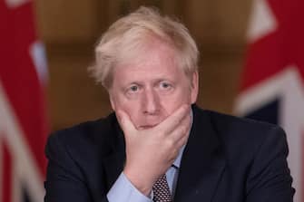 Britain's Prime Minister Boris Johnson speaks during a virtual press conference at Downing Street in central London on September 9, 2020 following an announcement of further restrictions on social gatherings in England due to an uptick in cases of the novel coronavirus. - The UK government on on September 9 sets out tighter rules on social gatherings to curb the spread of the coronavirus, with concern mounting at rising infection rates among the young. The law in England will change from next week to reduce the number of people who can gather socially from 30 to six, with some exemptions. (Photo by Stefan Rousseau / POOL / AFP) (Photo by STEFAN ROUSSEAU/POOL/AFP via Getty Images)