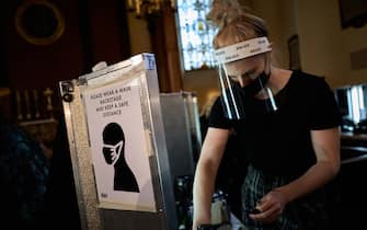 LONDON, ENGLAND - SEPTEMBER 18: Covid-19 safety measures in place backstage ahead of the Bora Aksu show during LFW September 2020 at The Waldorf London on September 18, 2020 in London, England. (Photo by Gareth Cattermole/BFC/Getty Images)