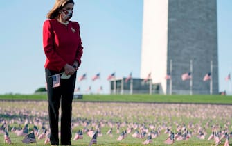 US House Speaker Nancy Pelosi waits to speak near a memorial for people who have died as a result of covid-19 on the National Mall on September 22, 2020 in Washington, DC. - The memorial consists of 200,000 US flags, one for each US victim of the COVID-19 pandemic. (Photo by Alex Edelman / AFP) (Photo by ALEX EDELMAN/AFP via Getty Images)