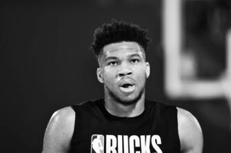 ORLANDO, FL - AUGUST 31: Giannis Antetokounmpo #34 of the Milwaukee Bucks warms up before the game against the Miami Heat during Game One of the Eastern Conference Semifinals of the NBA Playoffs on August 31, 2020 at the The Field House at ESPN Wide World Of Sports Complex in Orlando, Florida. NOTE TO USER: User expressly acknowledges and agrees that, by downloading and/or using this Photograph, user is consenting to the terms and conditions of the Getty Images License Agreement. Mandatory Copyright Notice: Copyright 2020 NBAE (Photo by Garrett Ellwood/NBAE via Getty Images)