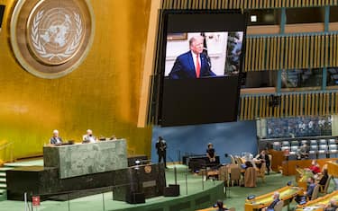 epa08688638 A handout photo made available by UN photo shows US President Donald J. Trump, speaking during the 75th General Assembly of the United Nations, in New York, New York, USA, 22 September 2020. Due to the COVID-19 coronavirus pandemic, the 75th General Assembly of the United Nations meetings are held mostly virutal. Seated at dais are Volkan Bozkir (at left), President of the seventy-fifth session of the United Nations General Assembly, and Secretary-General Antonio Guterres.  EPA/Rick Bajornas / UN Photo / HANDOUT  HANDOUT EDITORIAL USE ONLY/NO SALES