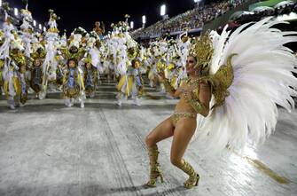 epa08695517 (FILE) - Members of the Grande Rio samba school parade in the Sambadrome Marques de Sapucai during Carnival 2020 in Rio de Janeiro, Brazil, 24 February 2020 (reissued 25 September 2020). Carnival 2021, which was scheduled for February, has been indefinitely postponed due to the coronavirus pandemic, according to official.  EPA/FABIO MOTTA