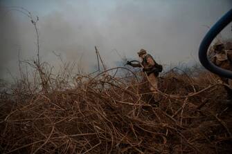 Farm workers and Mato Grosso State firefighters open a line of defense to fight a fire in the wetlands of the Pantanal, near Transpantaneira park road in Mato Grosso state, Brazil, on September 17, 2020. - The Pantanal, the world's biggest tropical wetlands, is being devastated by record wildfires which are destroying vast areas of vegetation and threatening wildlife. (Photo by MAURO PIMENTEL / AFP) (Photo by MAURO PIMENTEL/AFP via Getty Images)