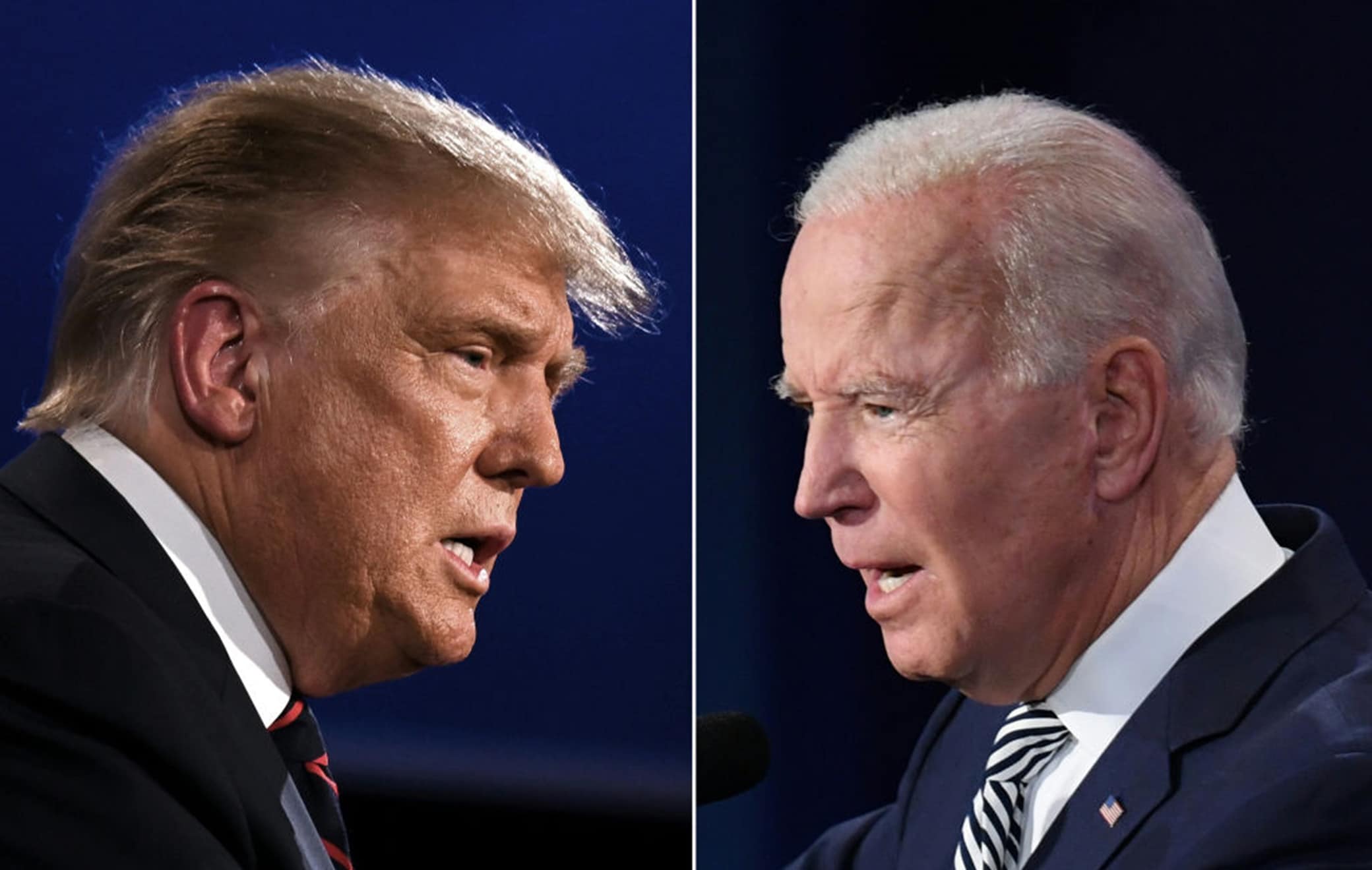 1228795132 TOPSHOT - (COMBO) This combination of pictures created on September 29, 2020 shows US President Donald Trump (L) and Democratic Presidential candidate former Vice President Joe Biden squaring off during the first presidential debate at the Case Western Reserve University and Cleveland Clinic in Cleveland, Ohio on September 29, 2020. (Photos by JIM WATSON and SAUL LOEB / AFP) (Photo by JIM WATSON,SAUL LOEB/AFP via Getty Images)