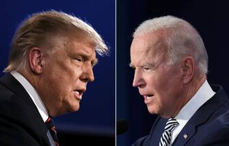 TOPSHOT - (COMBO) This combination of pictures created on September 29, 2020 shows US President Donald Trump (L) and Democratic Presidential candidate former Vice President Joe Biden squaring off during the first presidential debate at the Case Western Reserve University and Cleveland Clinic in Cleveland, Ohio on September 29, 2020. (Photos by JIM WATSON and SAUL LOEB / AFP) (Photo by JIM WATSON,SAUL LOEB/AFP via Getty Images)