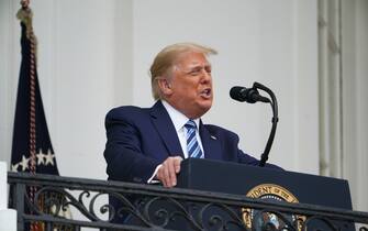 US President Donald Trump speaks about law and order from the South Portico of the White House in Washington, DC, on October 10, 2020. - Trump spoke publicly for the first time since testing positive for Covid-19, as he prepares a rapid return to the campaign trail just three weeks before the election. (Photo by MANDEL NGAN / AFP) (Photo by MANDEL NGAN/AFP via Getty Images)