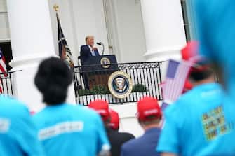 US President Donald Trump speak about law and order to supporters from the South Portico of the White House in Washington, DC, on October 10, 2020. - Trump spoke publicly for the first time since testing positive for Covid-19, as he prepares a rapid return to the campaign trail just three weeks before the election. (Photo by MANDEL NGAN / AFP) (Photo by MANDEL NGAN/AFP via Getty Images)