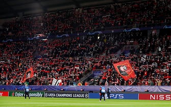 1229190860 RENNES, FRANCE - OCTOBER 20: Fans of Stade Rennais FC enjoy the atmosphere during the UEFA Champions League Group E stage match between Stade Rennais and FC Krasnodar at Roazhon Park on October 20, 2020 in Rennes, France. (Photo by Catherine Steenkeste/Getty Images)
