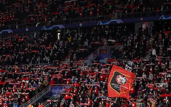 1229190895 RENNES, FRANCE - OCTOBER 20: Fans of Stade Rennais FC enjoy the atmosphere during the UEFA Champions League Group E stage match between Stade Rennais and FC Krasnodar at Roazhon Park on October 20, 2020 in Rennes, France. (Photo by Catherine Steenkeste/Getty Images)