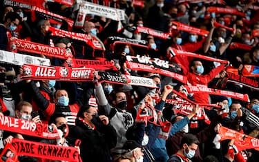Rennes' supporters wave scarfs before the UEFA Europa League Group E first-leg football match between Stade Rennais FC and FK Krasnodar at the Roazhon Park stadium in Rennes, northwestern France, on October 20, 2020. (Photo by DAMIEN MEYER / AFP) (Photo by DAMIEN MEYER/AFP via Getty Images)