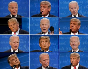 TOPSHOT - (COMBO) This combination of pictures created on October 22, 2020 shows US President Donald Trump and Democratic Presidential candidate and former US Vice President Joe Biden during the final presidential debate at Belmont University in Nashville, Tennessee, on October 22, 2020. (Photos by various sources / AFP) (Photo by BRENDAN SMIALOWSKI,JIM WATSON,MORRY GASH/POOL/AFP via Getty Images)