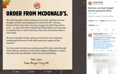 Covid, l’appello di Burger King su Twitter: “Ordinate da McDonald's”