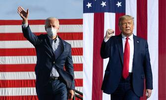 (COMBO) This combination of pictures created on October 30, 2020 shows Democratic presidential nominee and former Vice President Joe Biden waves to supporters before speaking at a Drive-In rally at Dallas High School, in Dallas, Pennsylvania, on October 24, 2020, and US President Donald Trump arrives to hold a Make America Great Again rally as he campaigns in Gastonia, North Carolina, October 21, 2020. (Photos by Angela Weiss and SAUL LOEB / AFP) (Photo by ANGELA WEISS,SAUL LOEB/AFP via Getty Images)