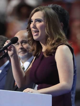 LGBT rights activist and first transgender person to speak at the DNC, Sarah McBride, on stage during final day of the Democratic National Convention at the Wells Fargo Center in Philadelphia, Pennsylvania, USA, 28 July 2016. ANSA/TANNEN MAURY