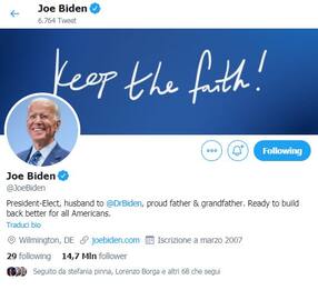 Elezioni Usa 2020, Biden scrive presidente eletto sul profilo Twitter