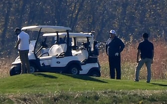 US President Donald Trump (2nd R) golfs at Trump National Golf Club on November 7, 2020 in Sterling, Virginia. - Democrat Joe Biden has won the White House, US media said November 7, defeating Donald Trump and ending a presidency that convulsed American politics, shocked the world and left the United States more divided than at any time in decades. (Photo by Olivier DOULIERY / AFP) (Photo by OLIVIER DOULIERY/AFP via Getty Images)