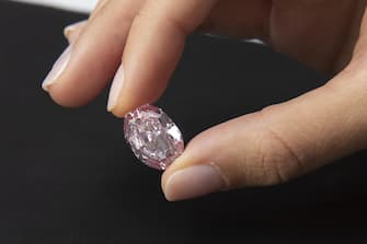 epa08802989 A Sotheby's employee poses with 'The Spirit of the Rose' vivid purple-pink diamond weighing 14.83-carat, during a preview at Sotheby's in Geneva, Switzerland, 06 November 2020. The diamond will be offered for sale at an auction in Geneva on 11 November.  EPA/SALVATORE DI NOLFI