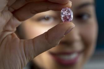 epa08802992 A Sotheby's employee poses with 'The Spirit of the Rose' vivid purple-pink diamond weighing 14.83-carat, during a preview at Sotheby's in Geneva, Switzerland, 06 November 2020. The diamond will be offered for sale at an auction in Geneva on 11 November.  EPA/SALVATORE DI NOLFI