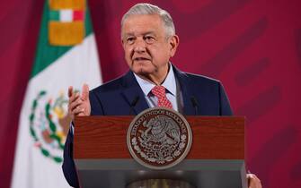 epa08816142 A handout photo made available by the Presidency of Mexico shows President Andres Manuel Lopez Obrador during a press conference at the National Palace, Mexico City, Mexico, 12 November 2020. Lopez Obrador has said one day before his 67 birthday that he is 'ok, thanks to the Creator, nature and the luck, which is also important.'  EPA/Mexican Presidency HANDOUT  HANDOUT EDITORIAL USE ONLY/NO SALES