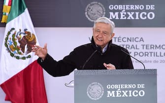 epa08771090 A handout photo made available by the Mexican presidency of the Mexican President Andres Manuel Lopez Obrador during a formal ceremony in the municipality of Nava, in the state of Coahuila, Mexico, 24 October 2020. Obrador stated on 24 October that Mexico will not take 'even a step back' in its nationalist energy policy, in response to US congressmen who accused him of undermining the T-MEC trade agreement with its oil policy.  EPA/Presidency of Mexico HANDOUT  HANDOUT EDITORIAL USE ONLY/NO SALES
