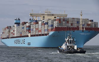The world's biggest container ship, named the Maersk MC-Kinney Moller, arrives on August 16, 2013 at the port of Rotterdam, in the Netherlands. The ship carries the first Triple-E Standard (Economy of Scale, Energy Efficiency, Environmentally-improved) and is the most efficient and energy saving container ship in the world. The ship has a length of 400 meters and is capable of delivering more goods than ever, while using less fuel consumption and lower CO2 emissions. AFP PHOTO / ANP / JERRY LAMPEN -- netherlands out --        (Photo credit should read JERRY LAMPEN/AFP via Getty Images)