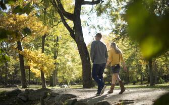 USA AUTUMN FOLIAGE epa04979123 A couple walk down a path at Great Falls National Park, where leaves have begun to change color, near McLean, Virginia, USA, 15 October 2015. The leaves have begun to change color but have yet to reach their peak this close to Washington DC. EPA/MICHAEL REYNOLDS
