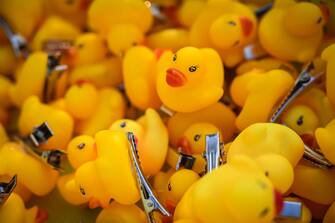 BANGKOK, THAILAND - NOVEMBER 22: Hair clips in the shape of small yellow rubber ducks are seen for sale on November 22, 2020 in Bangkok, Thailand. Students and "red shirt" demonstrators held a carnival-themed pro-democracy protest on Sunday, as part of a series of protests that have taken place demanding constitutional reforms. (Photo by Sirachai Arunrugstichai/Getty Images)