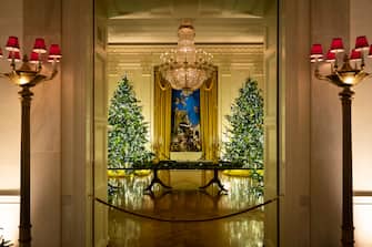 WASHINGTON, DC - NOVEMBER 30: Christmas decorations are displayed in the East Room of the White House on November 30, 2020 in Washington, DC. This year's theme for the White House Christmas decorations is "America the Beautiful." (Photo by Drew Angerer/Getty Images)