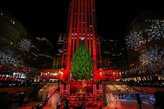 NEW YORK, NEW YORK - DECEMBER 02: A view of the stage during the 88th Annual Rockefeller Center Christmas Tree Lighting Ceremony at Rockefeller Center on December 02, 2020 in New York City. (Photo by Cindy Ord/Getty Images)