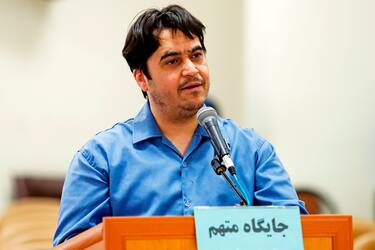Ruhollah Zam, a former opposition figure who had lived in exile in France and had been implicated in anti-government protests, speaks during his trial at Iran's Revolutionary Court in Tehran on June 2, 2020. - Iran said it has sentenced to death Ruhollah Zam. The court has considered 13 counts of charges together as instances of 'corruption on earth' and therefore passed the death sentence, judiciary spokesman Gholamhossein Esmaili said. (Photo by ALI SHIRBAND / MIZAN NEWS / AFP) (Photo by ALI SHIRBAND/MIZAN NEWS/AFP via Getty Images)