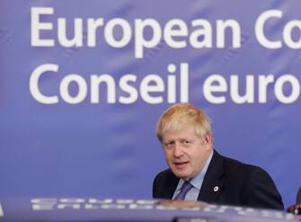 epa08881073 (FILE) British Prime Minister Boris Johnson departs at the end the European Council Brexit summit in Brussels, Belgium, 18 October 2019 (reissued 13 December 2020). British and EU negotiators are re-engaging in Brussels 13 December 2020 for the final hours of the Brexit talks ahead of the latest deadline with both sides warning they are unlikely to reach an agreement.  EPA/OLIVIER HOSLET  ATTENTION: This Image is part of a PHOTO SET *** Local Caption *** 55556690