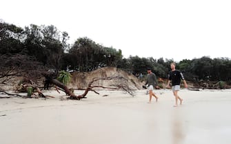 BYRON BAY, AUSTRALIA - DECEMBER 14:  Long stretch of coastal areas seen dissapeared due to erosion along the beach side, December 14, 2020 in Byron Bay, Australia. Byron Bay's beaches face further erosion as wild weather and hazardous swells lash the northern NSW coastlines. (Photo by Regi Varghese/Getty Images)