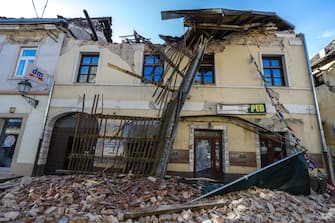 CROATIA EARTHQUAKE epa08909585 A view of the buildings damaged in an earthquake in Petrinja, Croatia, 29 December 2020. A 6.4 magnitude earthquake struck around 3km west south west of the town with reports of many injuries and at least one death. EPA/ANTONIO BAT