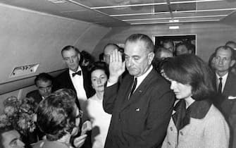 NO FILM, NO VIDEO, NO TV, NO DOCUMENTARY - File photo dated November 22, 1963 of Judge Sarah T. Hughes administers the Presidential Oath of Office to Lyndon Baines Johnson around 2:40 p.m. (CT) aboard Air Force One at Love Field in Dallas. Mrs. Johnson, Mrs. Kennedy, Jack Valenti, Rep. Albert Thomas, Rep. Jack Brooks, Associate Press Secretary Malcolm Kilduff (holding microphone) and others witness the oath. Vice President Mike Pence and his wife Karen have tested negative for the coronavirus, his press secretary announced in a tweet. Pence is first in line to assume power if President Donald Trump, who tested positive for the virus on Thursday night and arrived Friday at Walter Reed National Military Medical Center, were incapacitated. Photo by Cecil Stoughton/John F. Kennedy Library and Museum/TNS/ABACAPRESS.COM (DALLAS - 2020-10-03, TNS/ABACA / IPA) p.s. la foto e' utilizzabile nel rispetto del contesto in cui e' stata scattata, e senza intento diffamatorio del decoro delle persone rappresentate