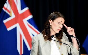 (200814) -- WELLINGTON, Aug. 14, 2020 (Xinhua) -- New Zealand Prime Minister Jacinda Ardern attends a press conference in Wellington, New Zealand, Aug. 14, 2020.
  New Zealand's largest city Auckland will remain in COVID-19 Alert Level 3 for 12 more days, with the rest of the country staying in Alert Level 2, as there are currently 36 active cases, 17 of which are linked to the recent community transmission in Auckland. (Xinhua/Guo Lei) - Guo Lei -//CHINENOUVELLE_1.0159/2008141552/Credit:CHINE NOUVELLE/SIPA/2008141557 (Wellington - 2020-08-14, CHINE NOUVELLE/SIPA / IPA) p.s. la foto e' utilizzabile nel rispetto del contesto in cui e' stata scattata, e senza intento diffamatorio del decoro delle persone rappresentate