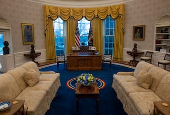 WASHINGTON, DC - January 20: 
An early preview of the redesigned Oval Office awaiting President Joseph Biden at the White House in Washington, DC.
(Photo by Bill O'Leary/The Washington Post via Getty Images)