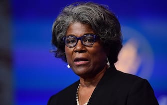1229769233 WILMINGTON, DE - NOVEMBER 24: U.S. Ambassador to the United Nations nominee Linda Thomas-Greenfield speaks after being introduced by President-elect Joe Biden as he introduces key foreign policy and national security nominees and appointments at the Queen Theatre on November 24, 2020 in Wilmington, Delaware. As President-elect Biden waits to receive official national security briefings, he is announcing the names of top members of his national security team to the public. Calls continue for President Trump to concede the election as the transition proceeds. (Photo by Mark Makela/Getty Images)